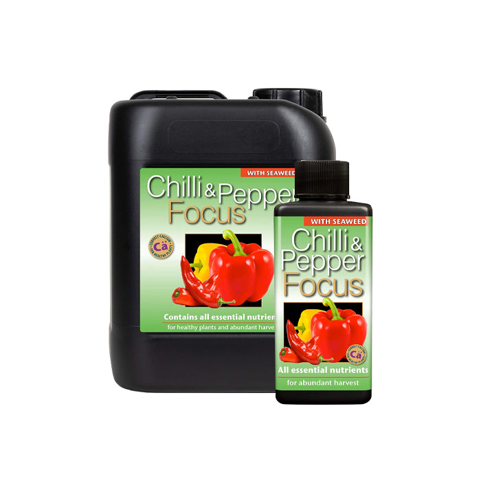 Two bottles of Growth Technology Chilli & Pepper Focus plant nutrient solution, one larger and one smaller, with labels showing an image of a red pepper.
